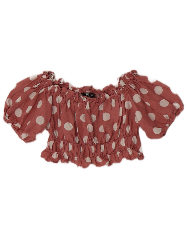 Zara Womens Off Shoulder Crop Top UK 6 XS Red Polka Dot Linen