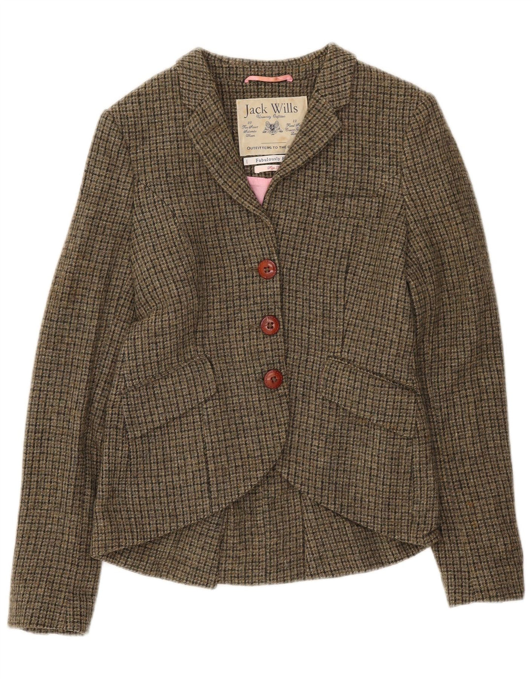 Jack Wills Womens 3 Button Blazer Jacket UK 10 Small Khaki Houndstooth Wool