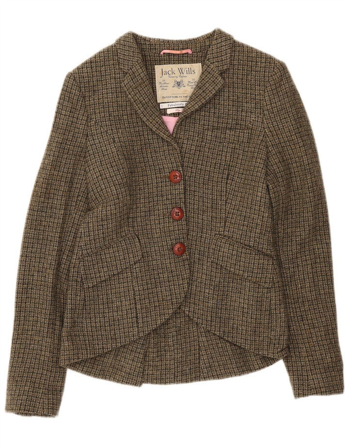 Jack Wills Womens 3 Button Blazer Jacket UK 10 Small Khaki Houndstooth Wool