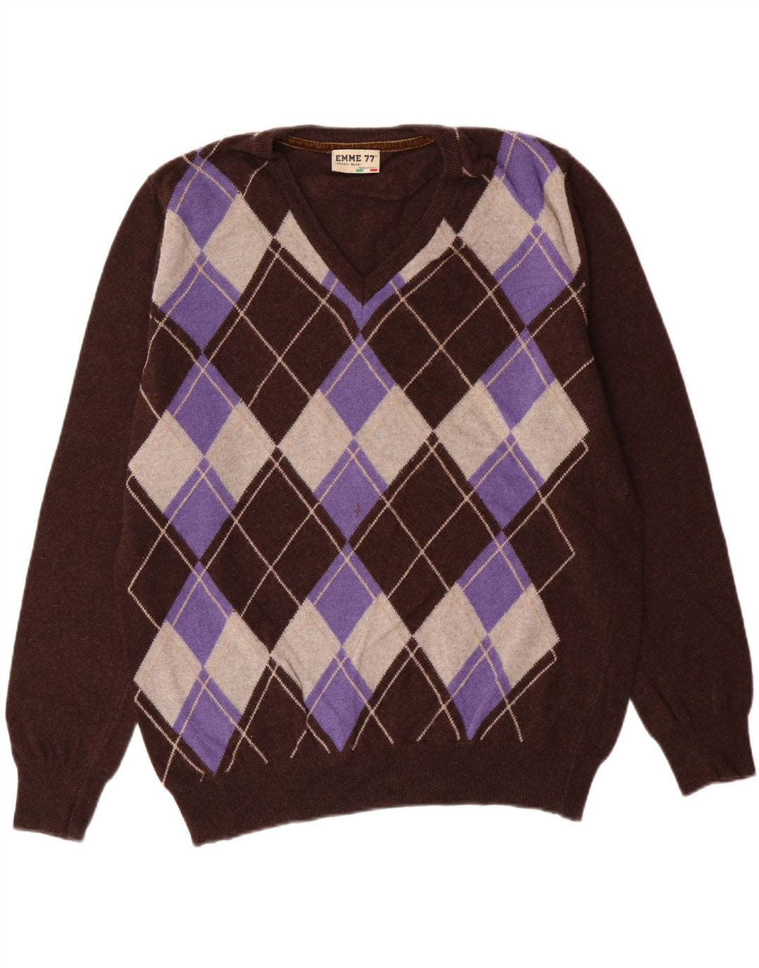 EMME 77 Mens V-Neck Jumper Sweater Medium Brown Argyle/Diamond Wool