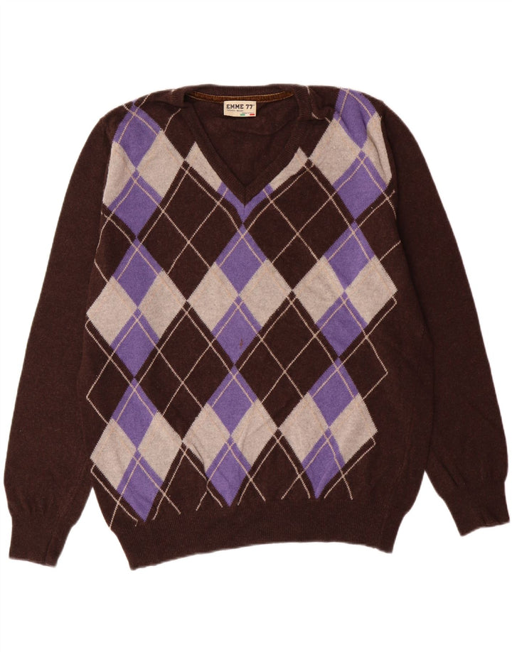 EMME 77 Mens V-Neck Jumper Sweater Medium Brown Argyle/Diamond Wool