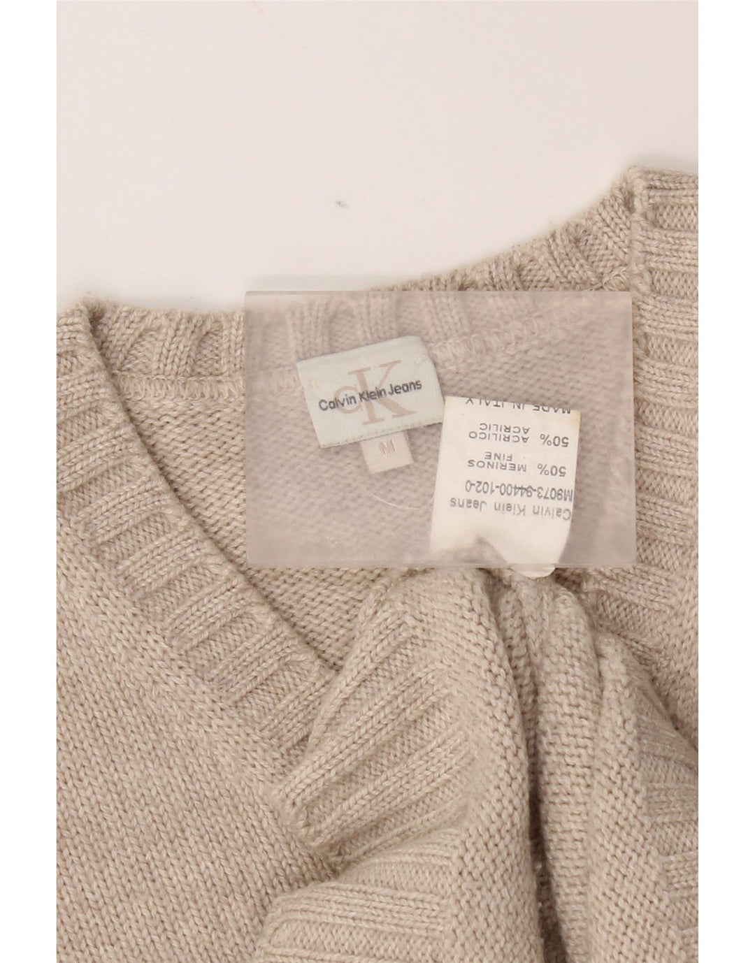 Calvin Klein Mens V-Neck Jumper Sweater Medium Beige Merino Wool