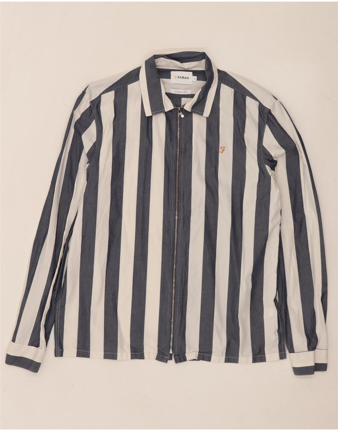 FARAH Mens Casual Fit Shirt Medium Navy Blue Striped Cotton