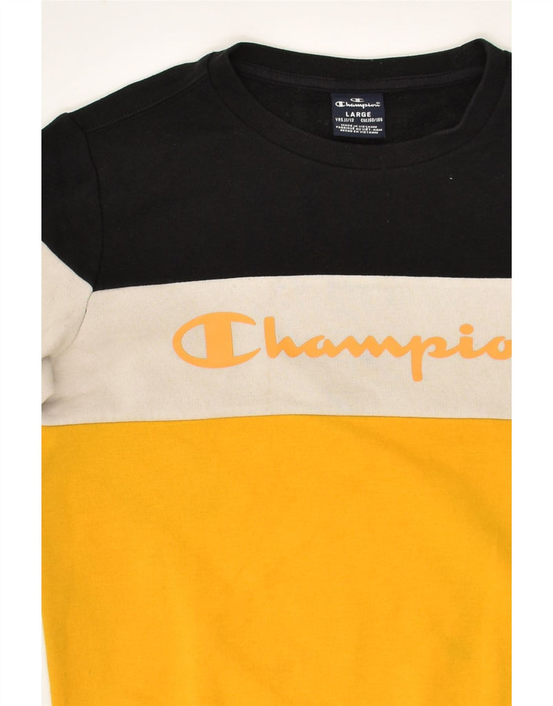 CHAMPION Boys Graphic Sweatshirt Jumper 11-12 Years Large Yellow Striped | Vintage Champion | Thrift | Second-Hand Champion | Used Clothing | Messina Hembry 