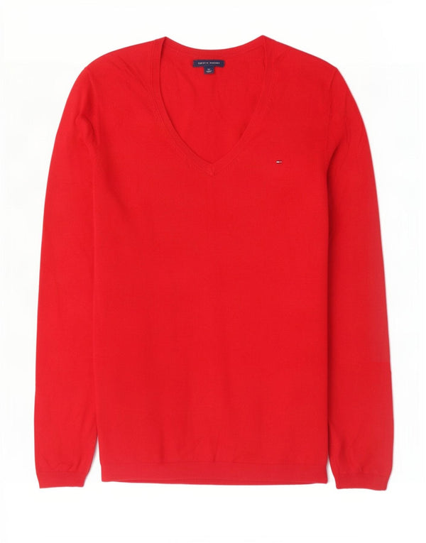 Tommy Hilfiger Womens V-Neck Jumper Sweater UK 10 Small Red Cotton