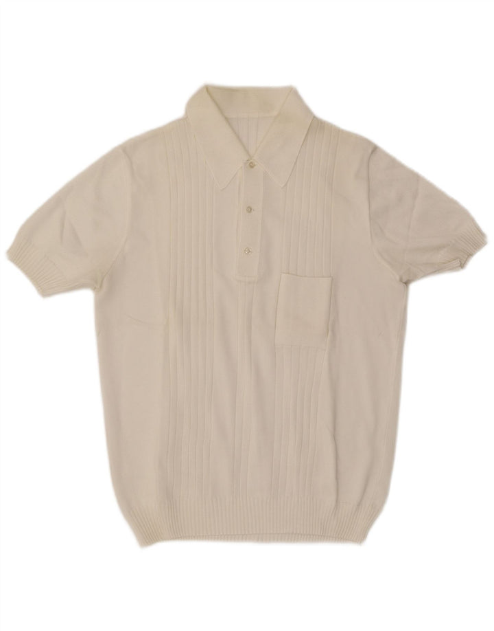 Vintage Mens Short Sleeve Polo Neck Jumper Sweater Medium White