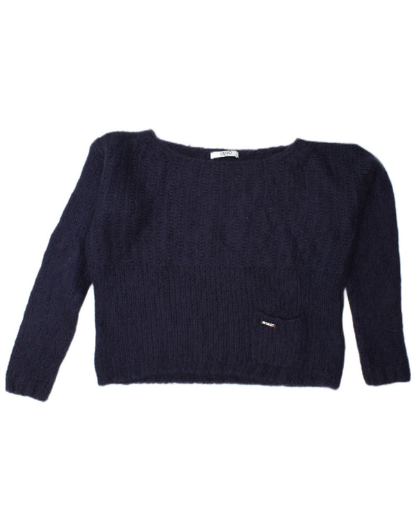 Liu Jo Womens Crop Oversized Boat Neck Jumper Sweater UK 16 Large Navy Blue