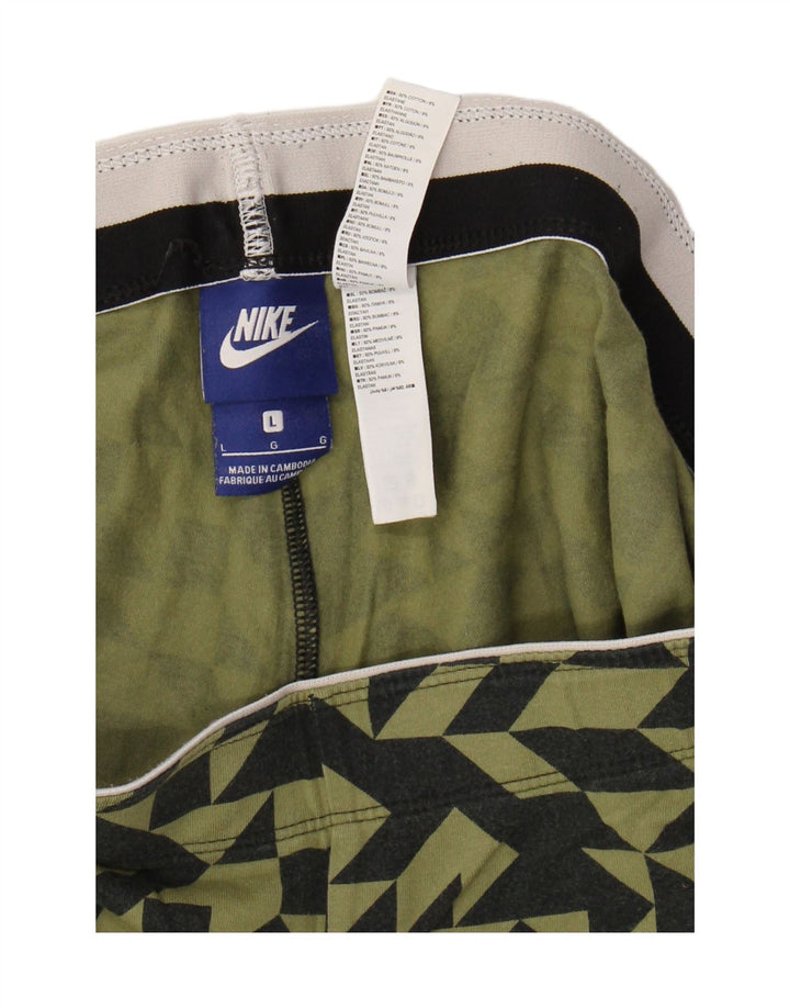 NIKE Womens Leggings UK 14 Large  Khaki Geometric Cotton