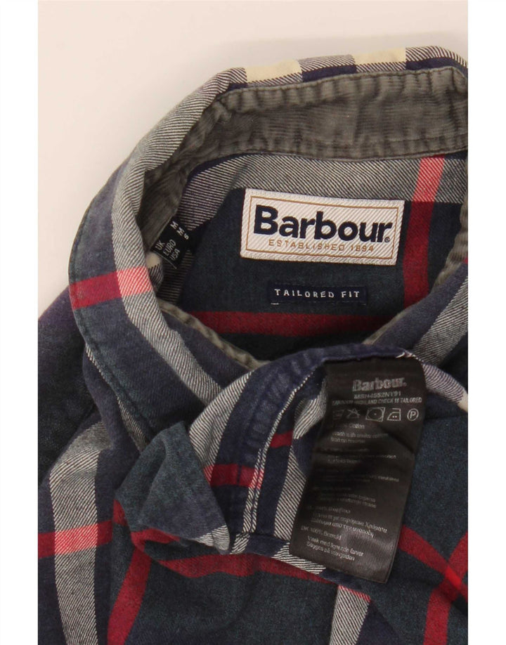 Barbour Mens Tailored Fit Flannel Shirt Medium Navy Blue Plaid Cotton