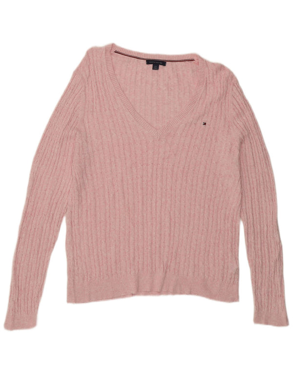 Tommy Hilfiger Womens V-Neck Jumper Sweater UK 16 Large Pink Cotton