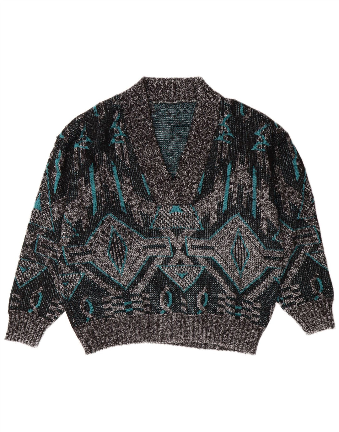 VINTAGE Mens V-Neck Jumper Sweater Large Grey Geometric