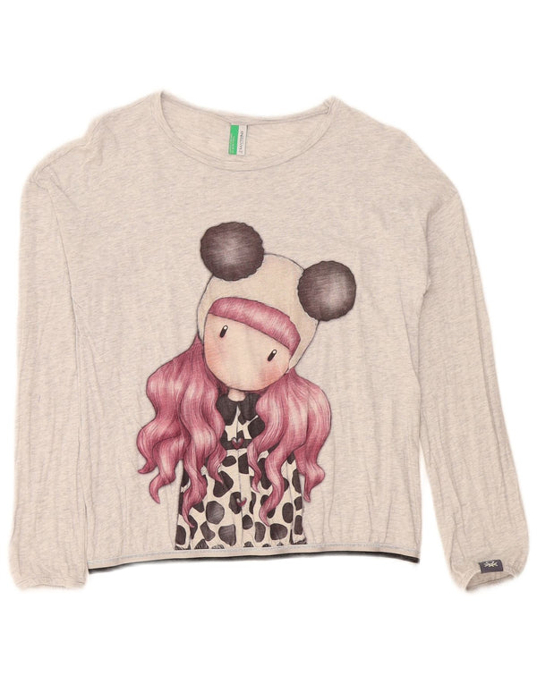Benetton Girls Graphic Top Long Sleeve 11-12 Years 2XL Grey Flecked Cotton