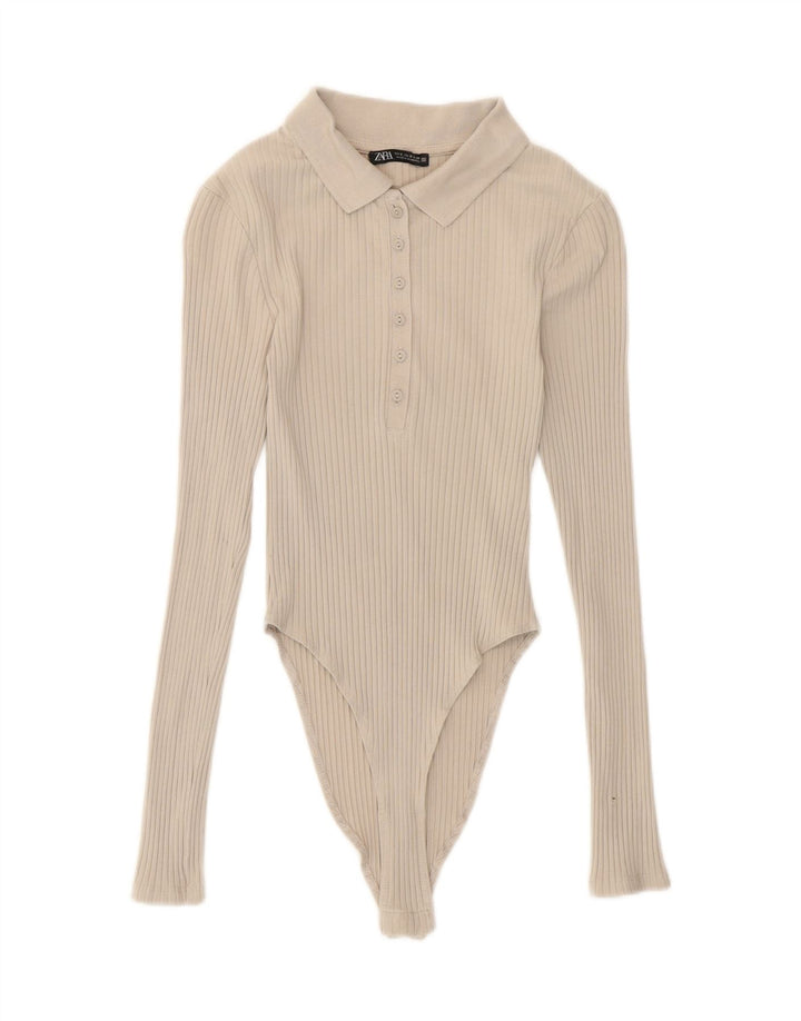 Zara Womens Long Sleeve Bodysuit UK 8 Small Beige Cotton
