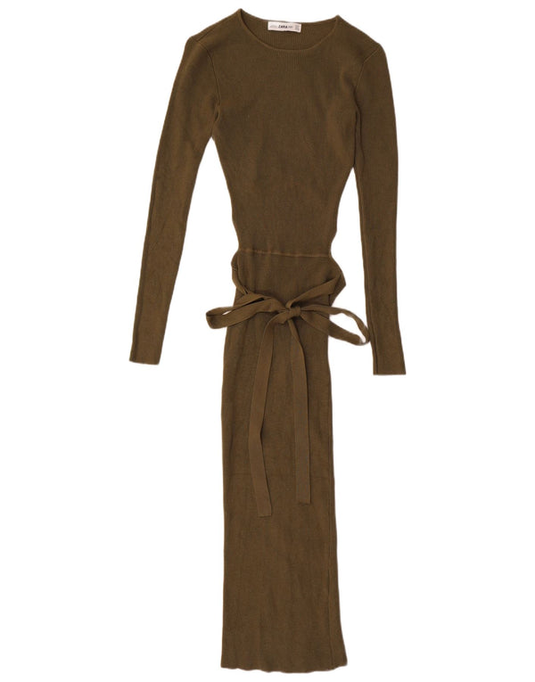 Zara Womens Long Sleeve Maxi Bodycon Dress UK 8 Small Khaki Viscose