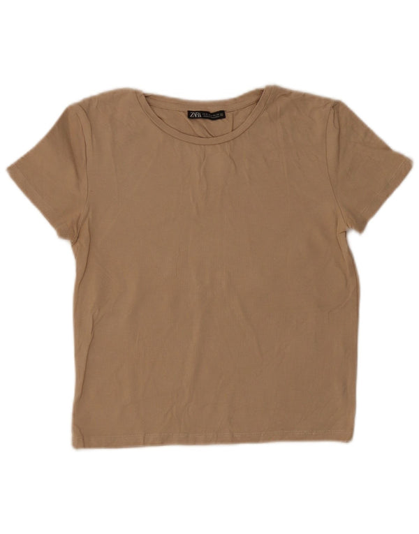 Zara Womens Crop T-Shirt Top UK 8 Small Beige Cotton