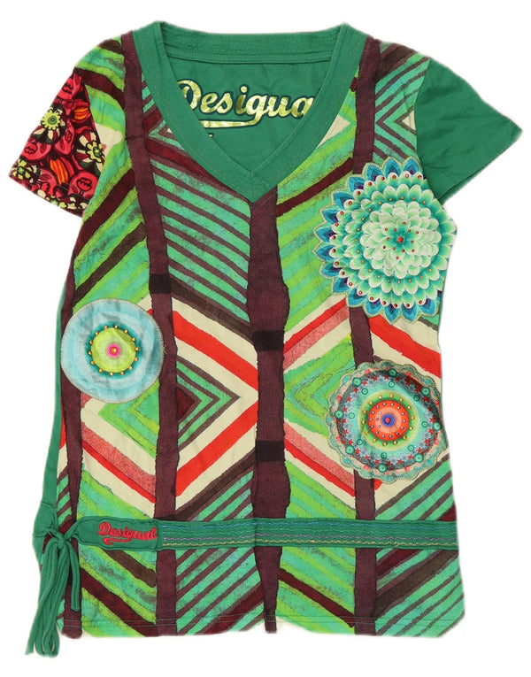 Desigual Womens Graphic T-Shirt Top UK 10 Small Green Geometric Cotton