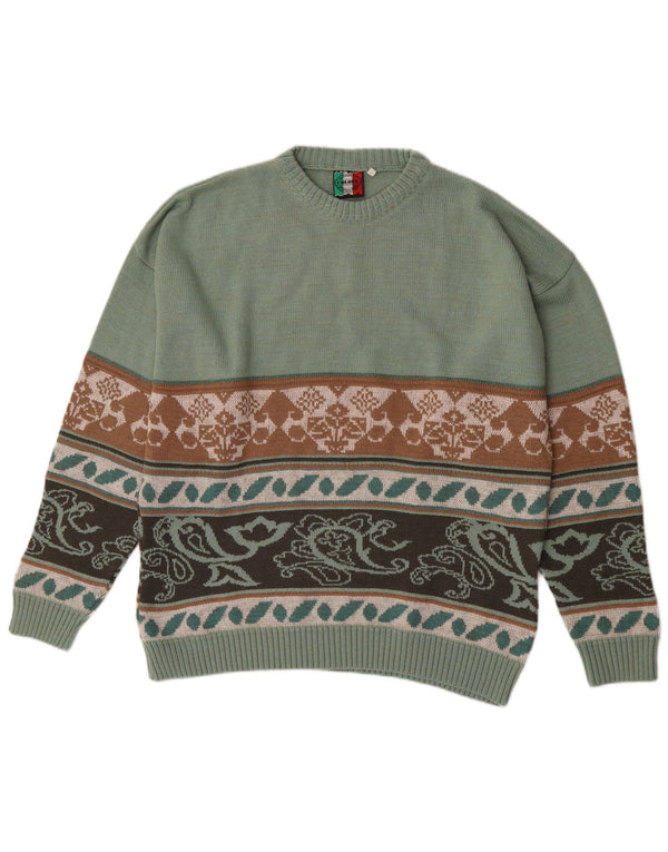Vintage Mens Crew Neck Jumper Sweater Large Green Paisley Acrylic