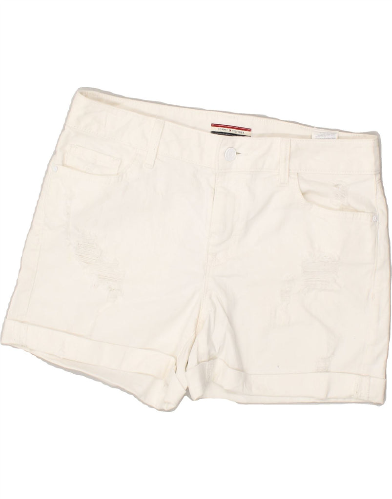 TOMMY HILFIGER Womens Distressed Denim Shorts US 8 Medium W34 White Cotton | Vintage Tommy Hilfiger | Thrift | Second-Hand Tommy Hilfiger | Used Clothing | Messina Hembry 