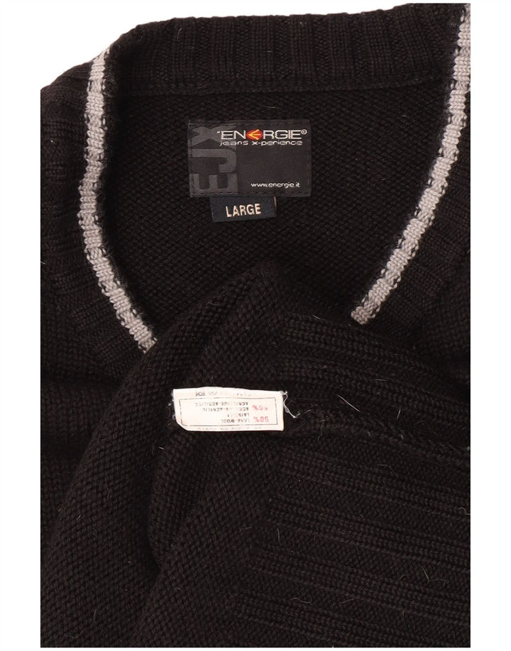 Energie Mens Crew Neck Jumper Sweater Large Black Wool