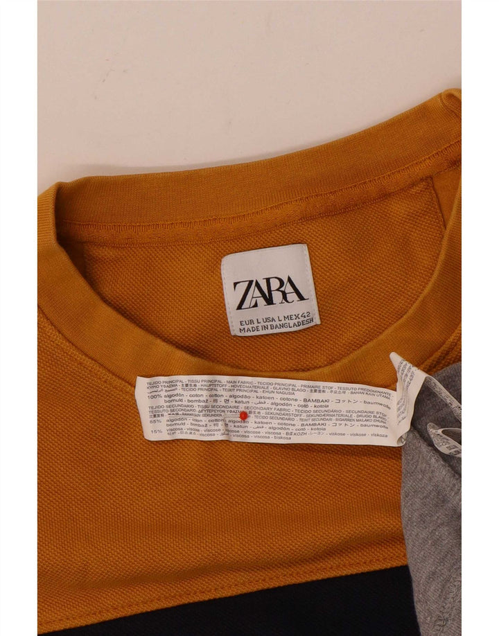 Zara Mens Sweatshirt Jumper Large Yellow Colourblock Cotton