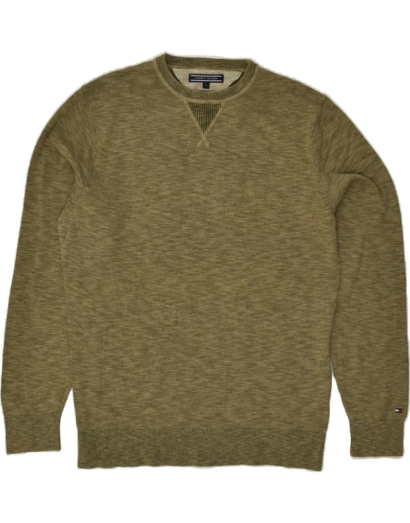 TOMMY HILFIGER Mens Crew Neck Jumper Sweater Large Khaki Flecked Cotton | Vintage Tommy Hilfiger | Thrift | Second-Hand Tommy Hilfiger | Used Clothing | Messina Hembry 