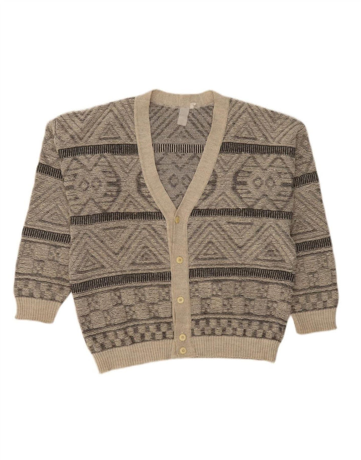VINTAGE Mens Cardigan Sweater XL Grey Geometric