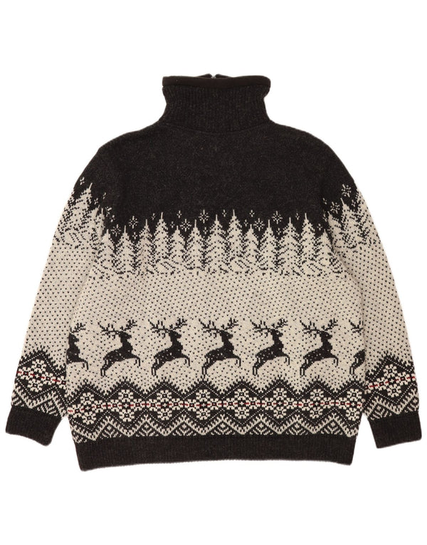 Vintage Mens Zip Neck Jumper Sweater 2XL Black Fair Isle Wool