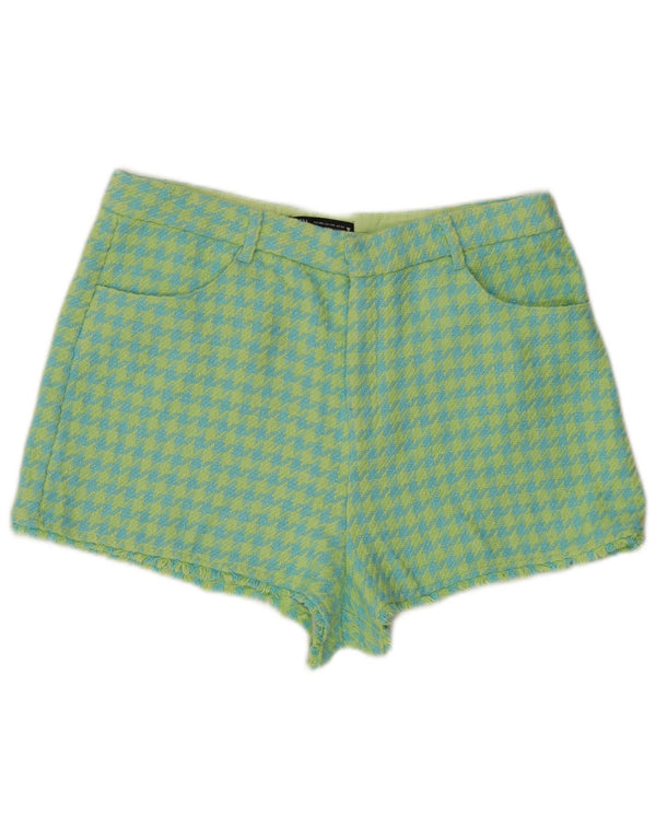 Zara Womens High Waist Casual Shorts 2XL W34 Blue Houndstooth Cotton
