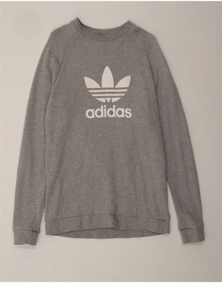 ADIDAS Womens Graphic Sweatshirt Jumper UK 14 Medium Grey Cotton Vintage Adidas and Second-Hand Adidas from Messina Hembry 