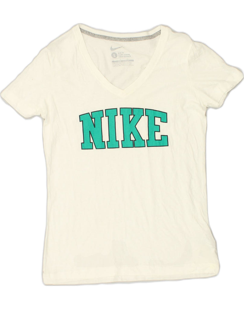 NIKE Womens Slim Fit Graphic T-Shirt Top UK 14 Large White Cotton | Vintage Nike | Thrift | Second-Hand Nike | Used Clothing | Messina Hembry 