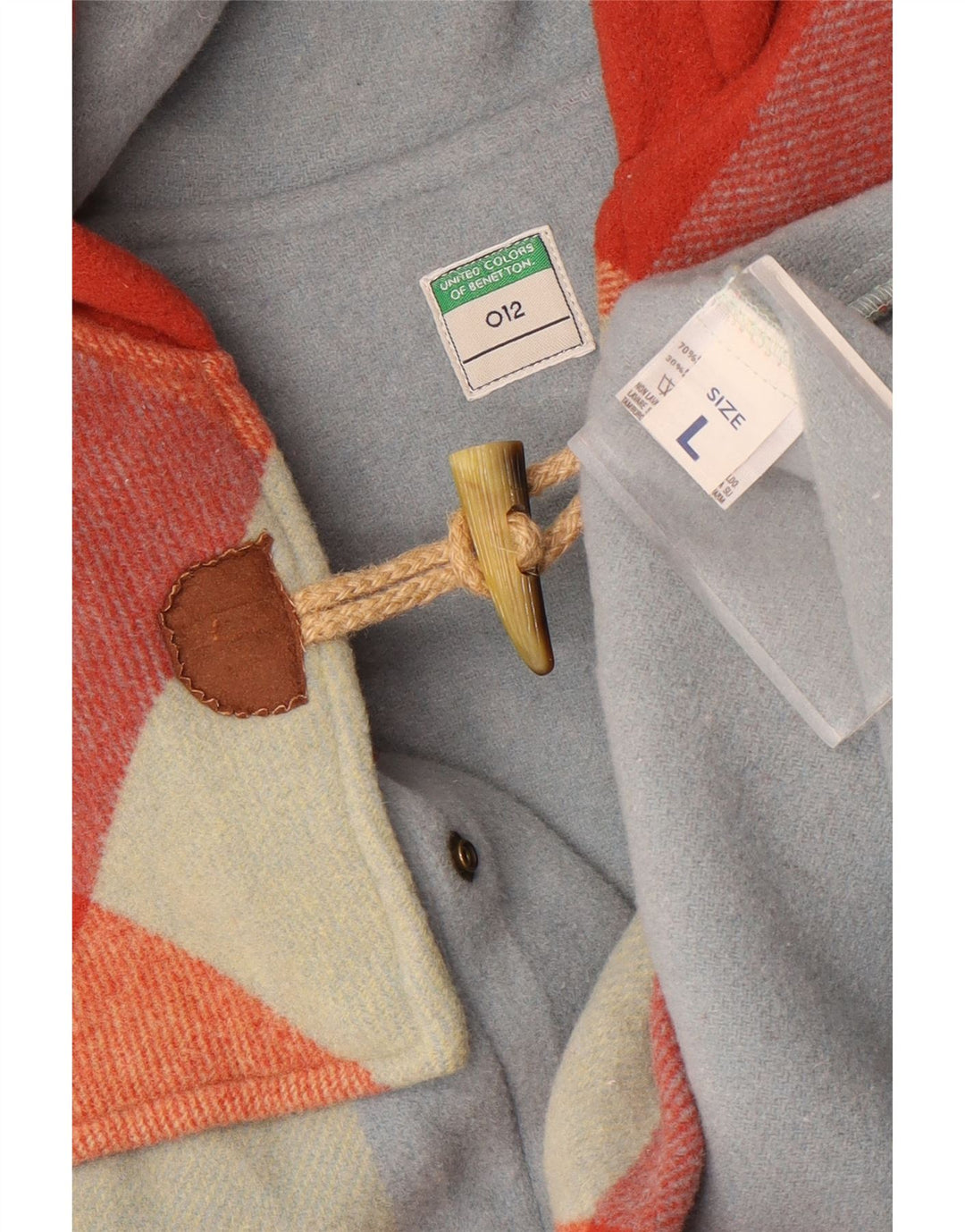 Benetton Womens Hooded Duffle Coat UK 16 Large Multicoloured Plaid Wool