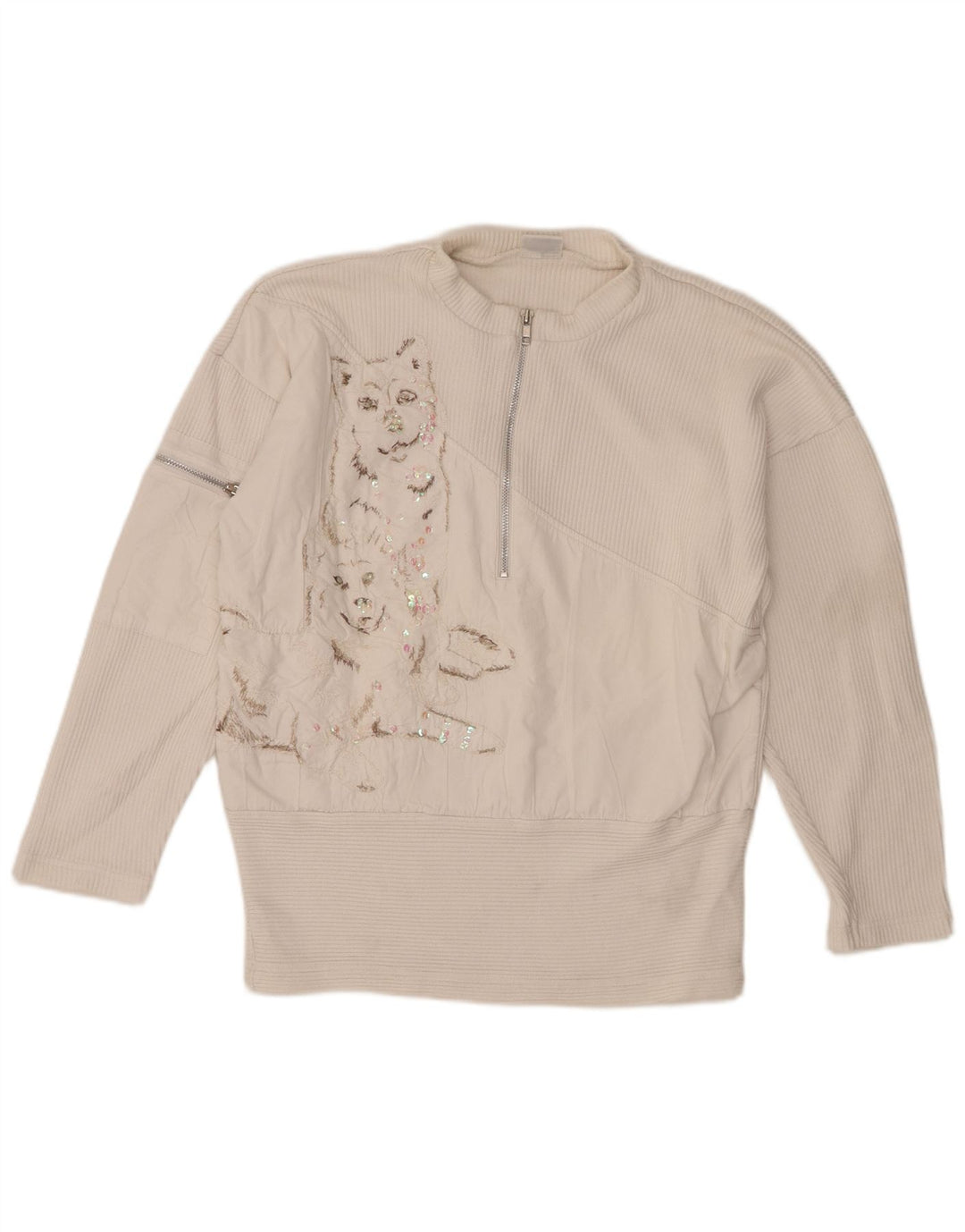 Together Womens Graphic Zip Neck Jumper Sweater UK 10/12 Medium White