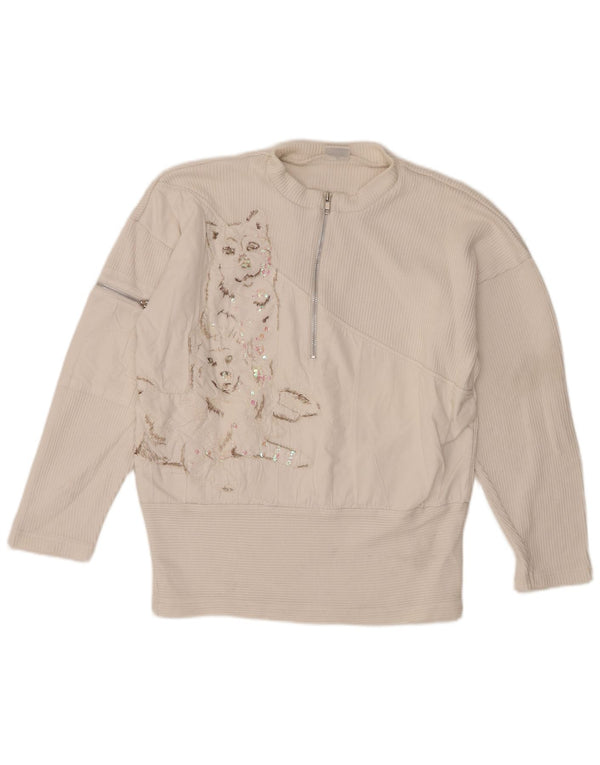 Together Womens Graphic Zip Neck Jumper Sweater UK 10/12 Medium White