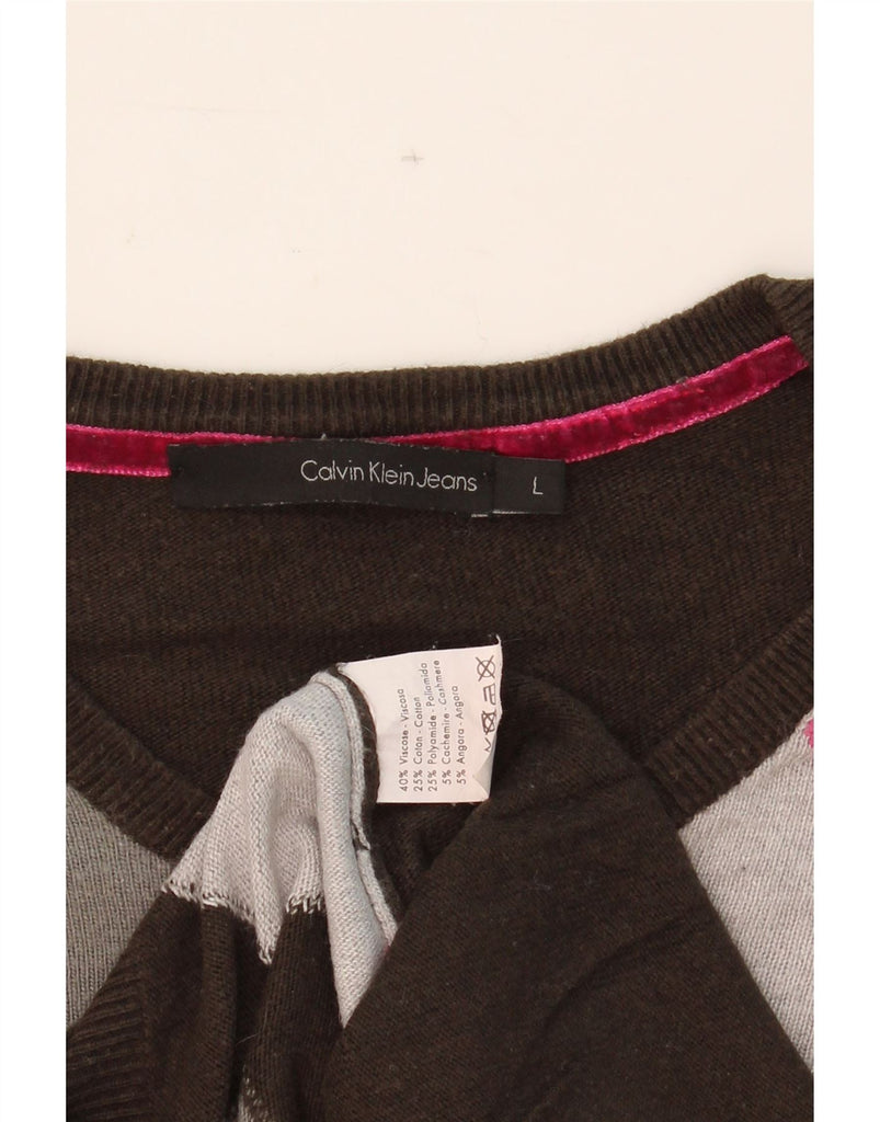 CALVIN KLEIN JEANS Mens V-Neck Jumper Sweater Large Brown Argyle/Diamond Vintage Calvin Klein Jeans and Second-Hand Calvin Klein Jeans from Messina Hembry 