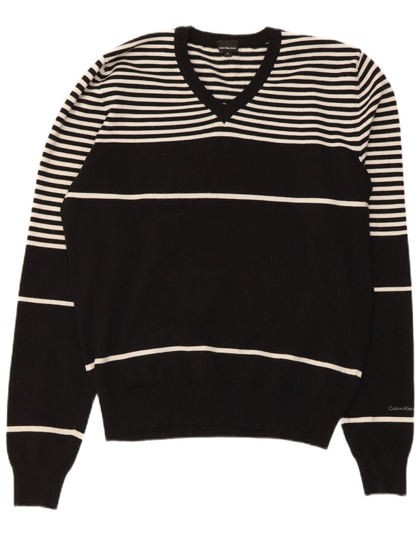 Calvin Klein Jeans Womens V-Neck Jumper Sweater UK 16 Large Black Striped
