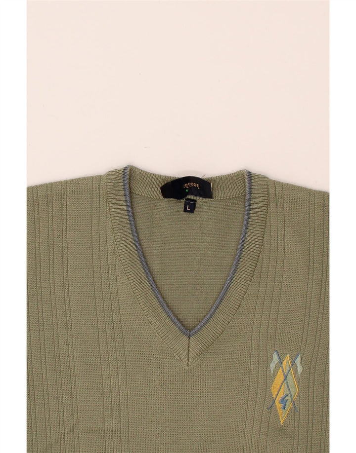 GABICCI Mens V-Neck Jumper Sweater Large Khaki Wool