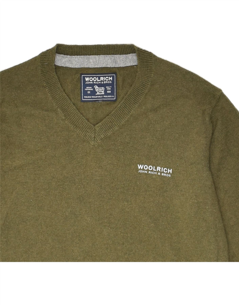 WOOLRICH Boys V-Neck Jumper Sweater 8-9 Years Khaki Cotton | Vintage Woolrich | Thrift | Second-Hand Woolrich | Used Clothing | Messina Hembry 