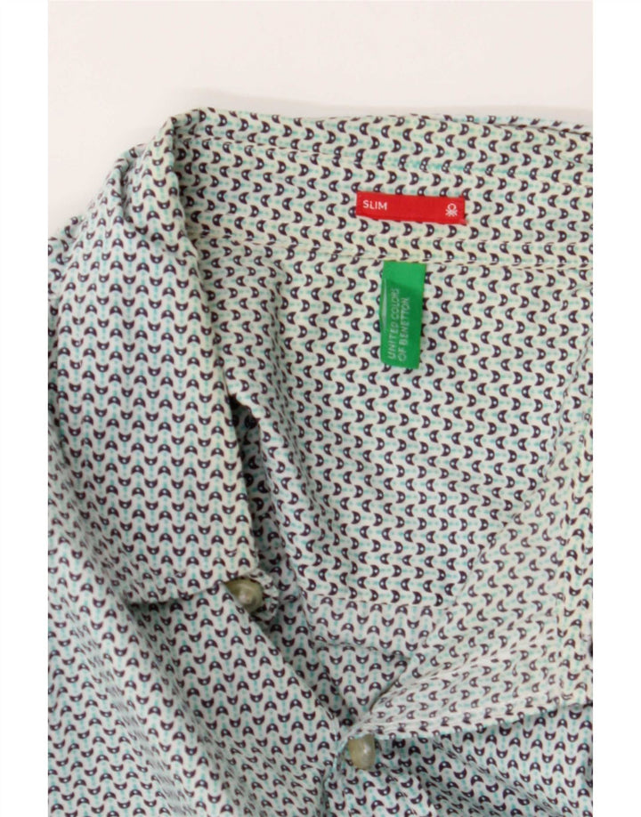 Benetton Mens Slim Shirt Medium Blue Geometric