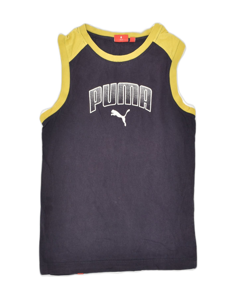 PUMA Mens Graphic Vest Top Small Navy Blue Colourblock Cotton | Vintage Puma | Thrift | Second-Hand Puma | Used Clothing | Messina Hembry 