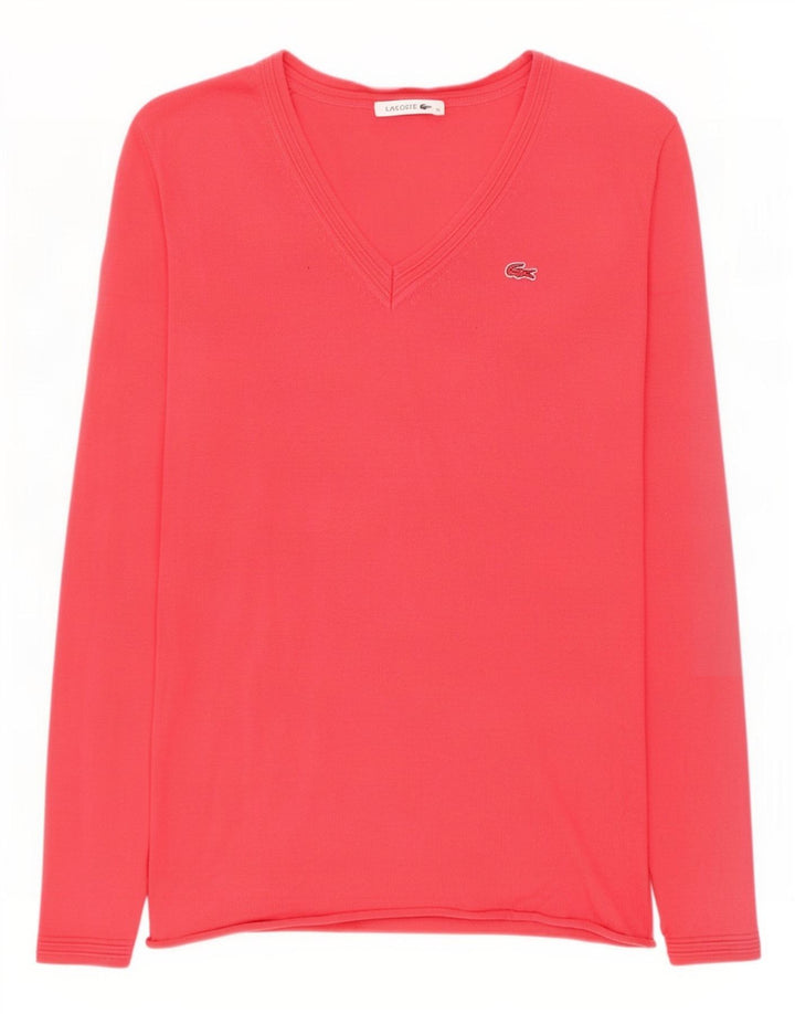 Lacoste Womens V-Neck Jumper Sweater EU 38 Medium Pink Cotton