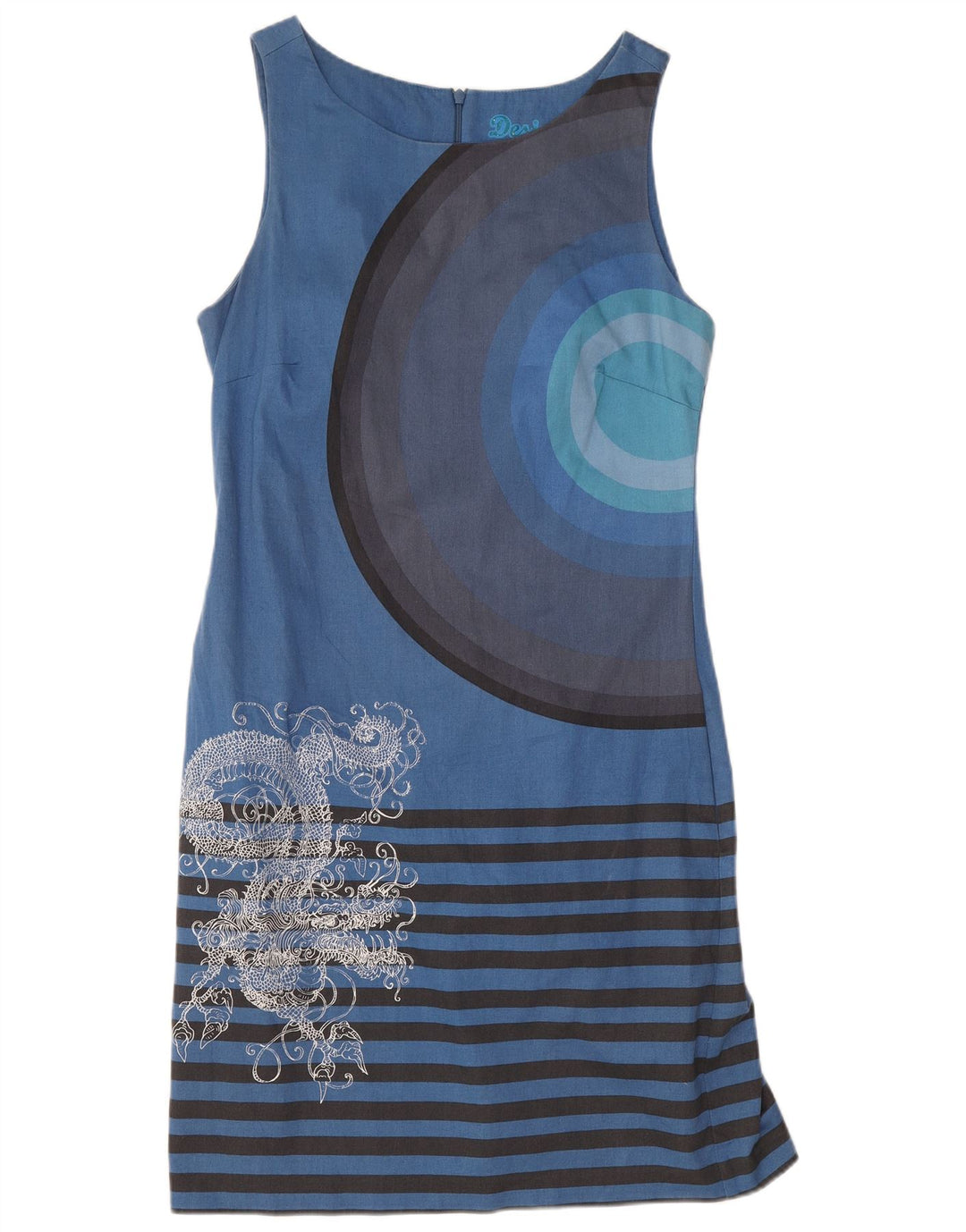 Desigual Womens Graphic Sleeveless Sheath Dress EU 38 Medium Blue Striped