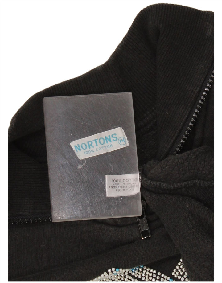 NORTONS Womens Graphic Zip Neck Sweatshirt Jumper UK 14 Medium Black