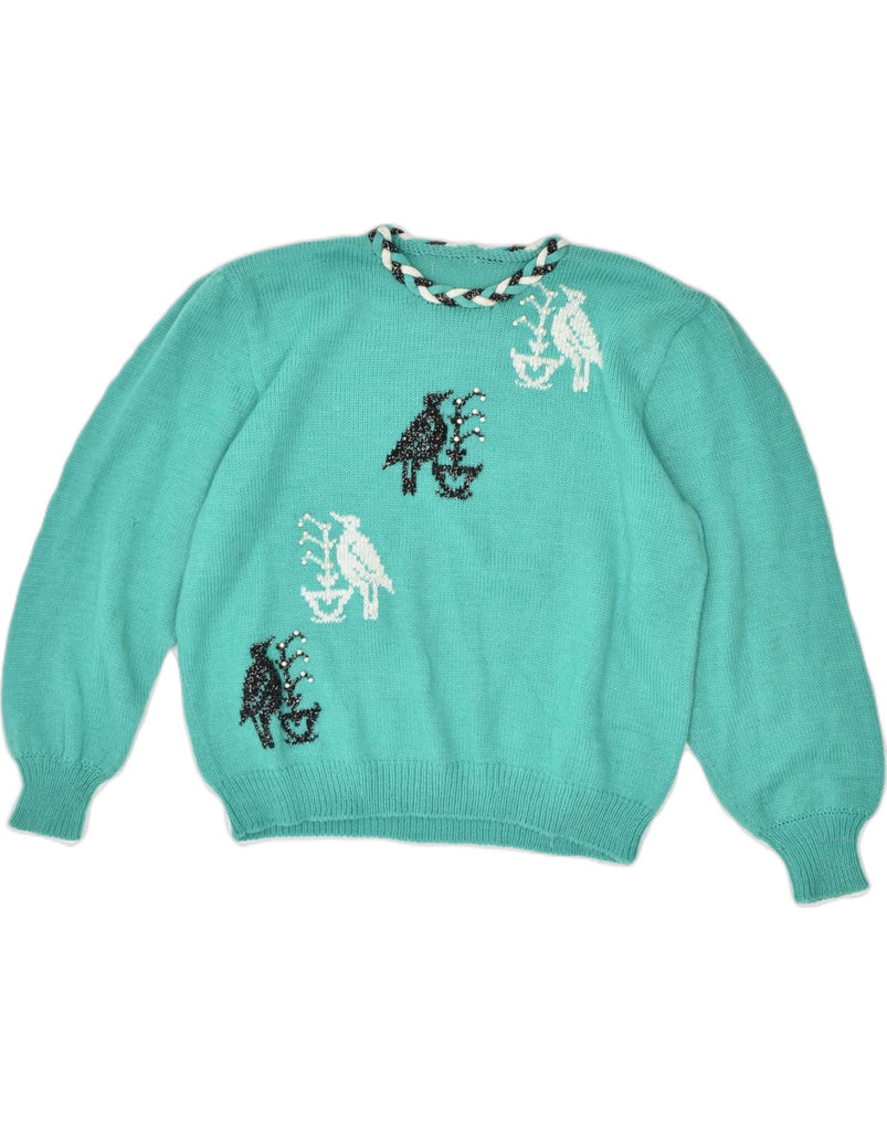 VINTAGE Womens Crew Neck Jumper Sweater UK 16 Large Turquoise Animal Print | Vintage | Thrift | Second-Hand | Used Clothing | Messina Hembry 