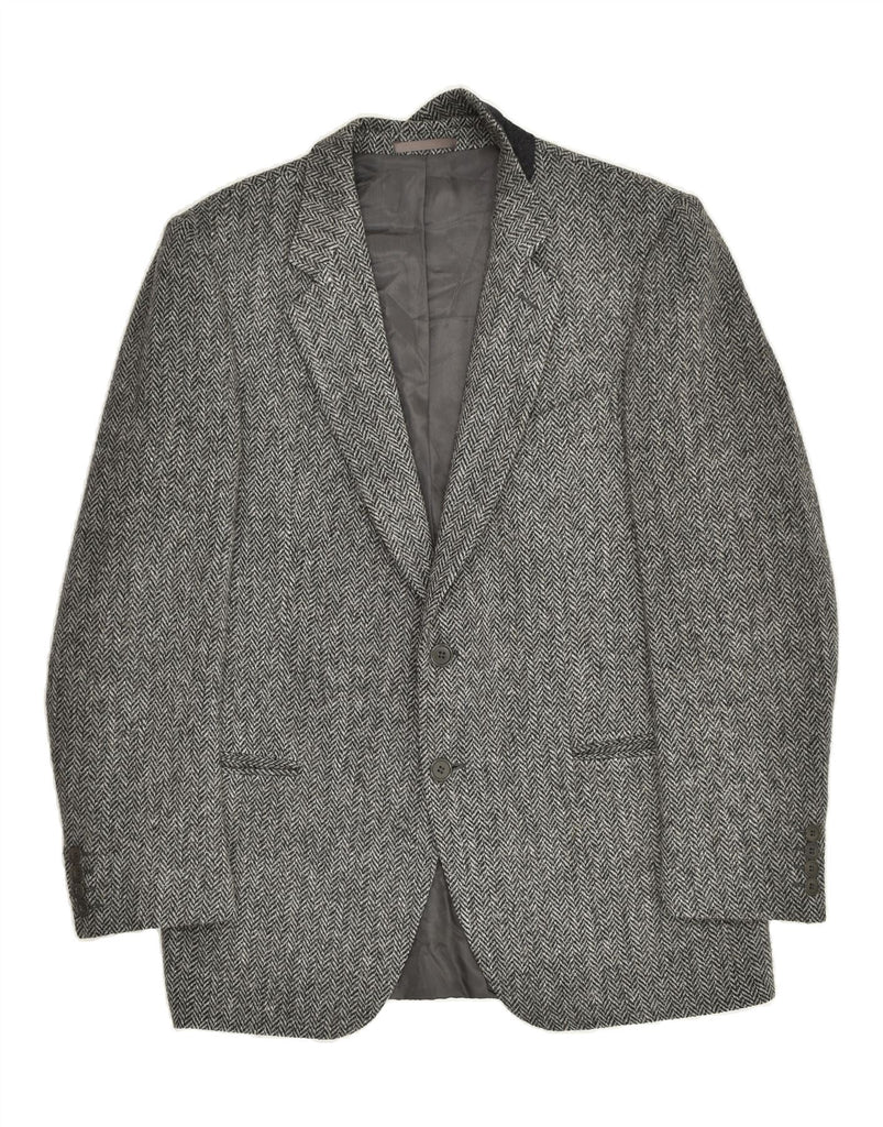 BIANCHI Mens 2 Button Blazer Jacket IT 50 Large Grey Herringbone Wool | Vintage Bianchi | Thrift | Second-Hand Bianchi | Used Clothing | Messina Hembry 