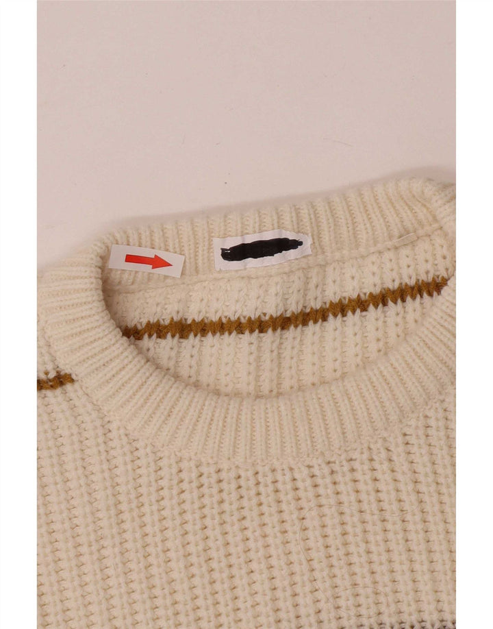 Vintage Mens Crew Neck Jumper Sweater Medium Off White Striped Acrylic