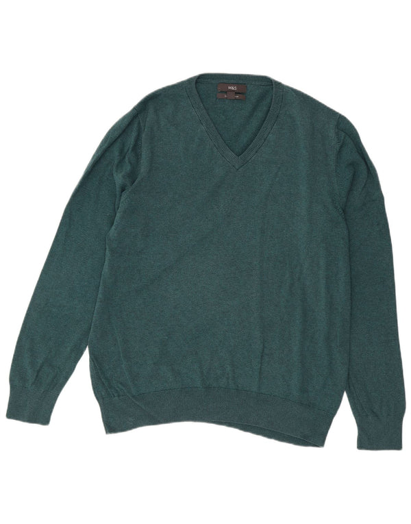 Marks & Spencer Mens V-Neck Jumper Sweater Large Blue Cotton