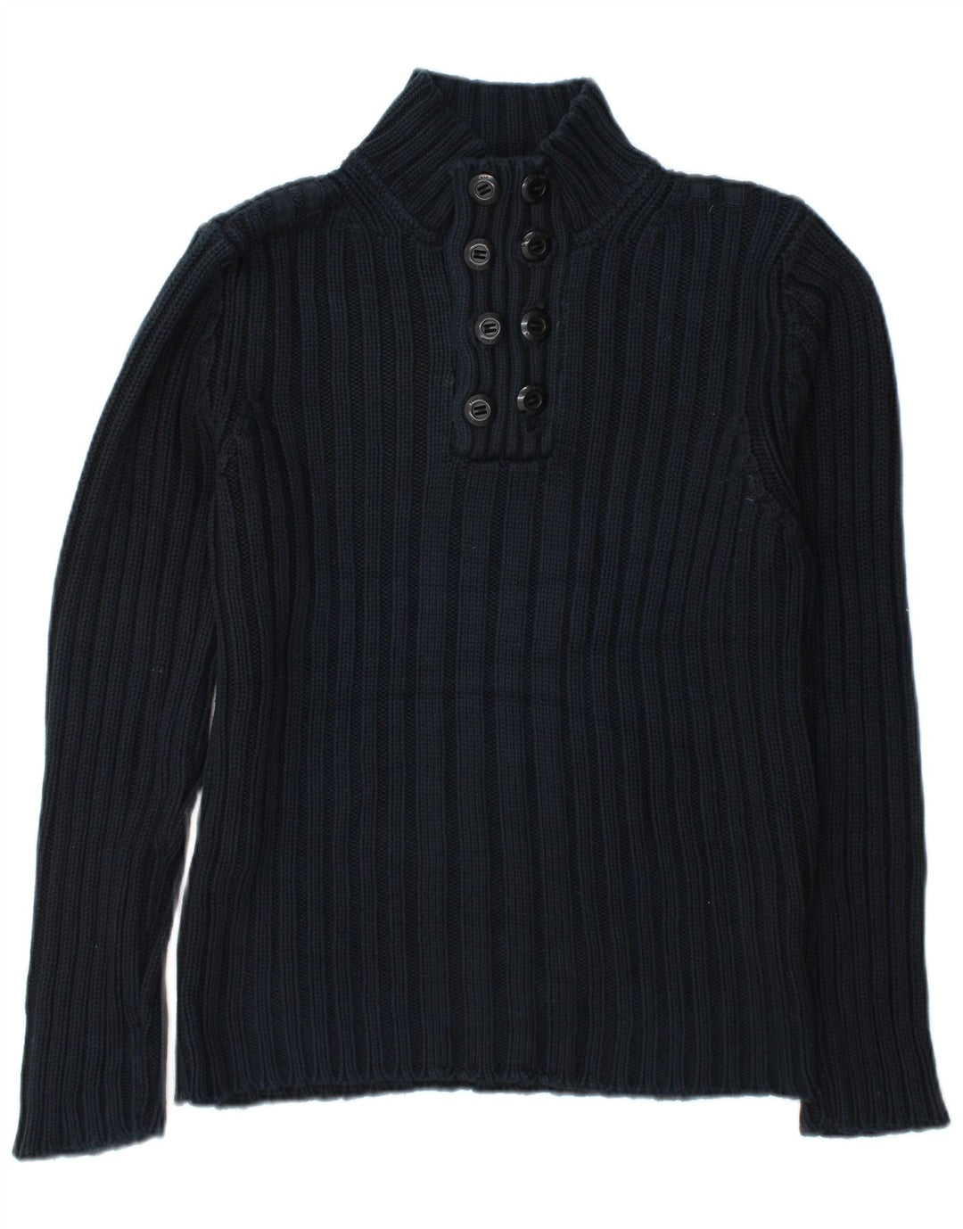 Zara Mens Button Neck Jumper Sweater Large Navy Blue Cotton