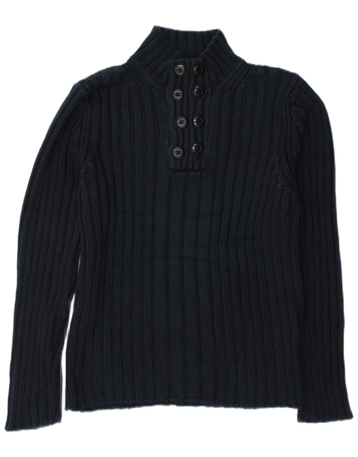 Zara Mens Button Neck Jumper Sweater Large Navy Blue Cotton