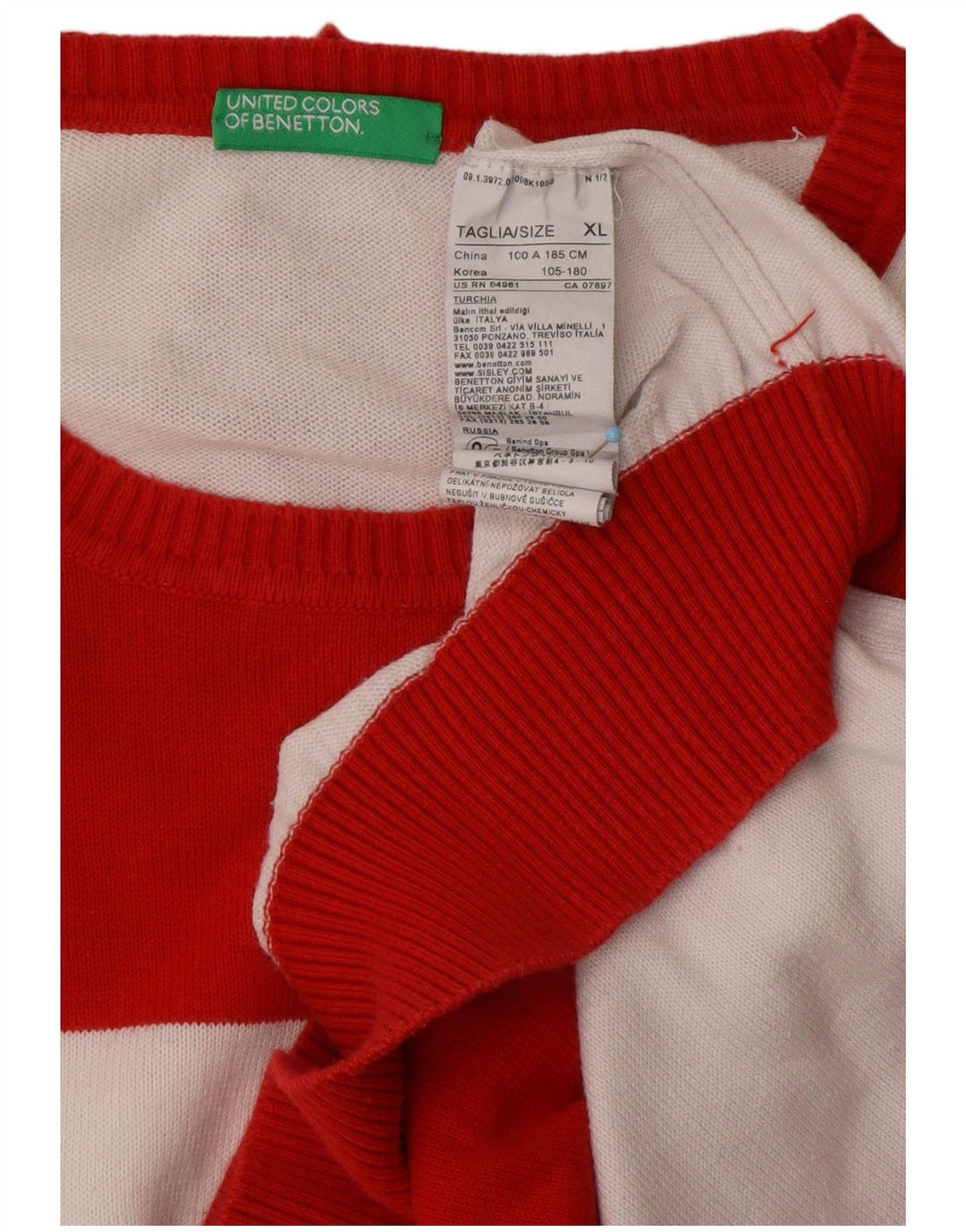 BENETTON Mens Crew Neck Jumper Sweater XL Red Striped Cotton