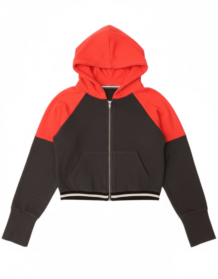 ELLESSE Womens Oversized Crop Zip Hoodie Sweater UK 6 XS Grey Colourblock